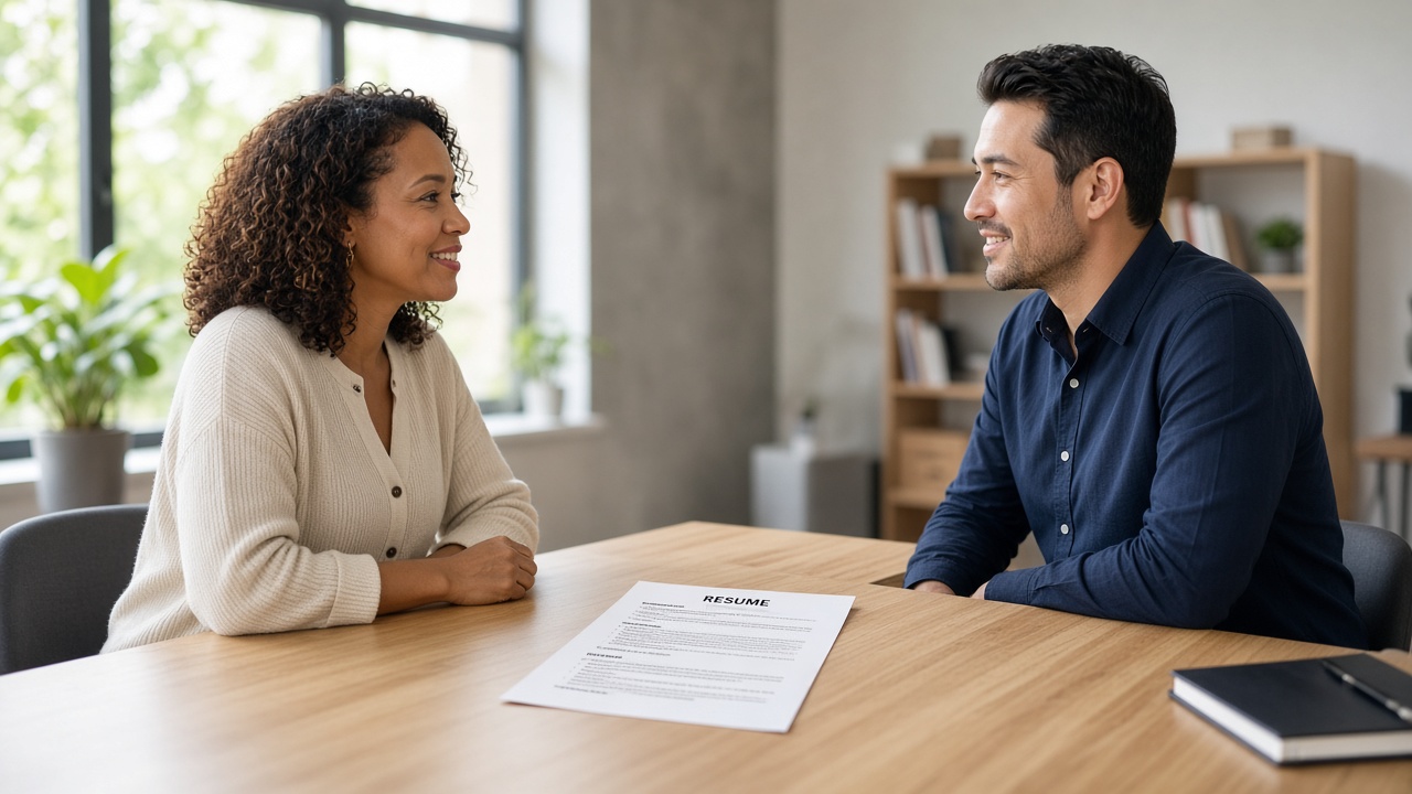 Two people reviewing a résumé during an interview